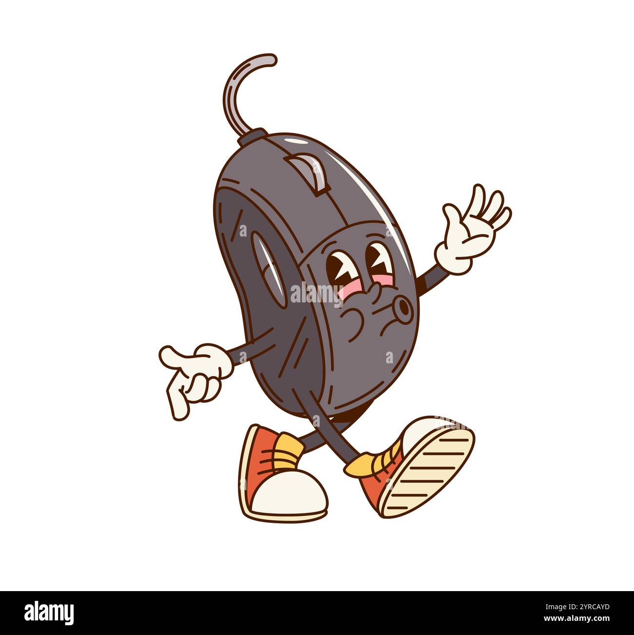 Personnage de souris d'ordinateur groovy dans le dessin animé rétro, personnage comique vectoriel. Souris d'ordinateur groovy funky avec visage drôle marchant et sifflant ou chantant mélodie pour personnage de dessin animé matériel numérique Illustration de Vecteur