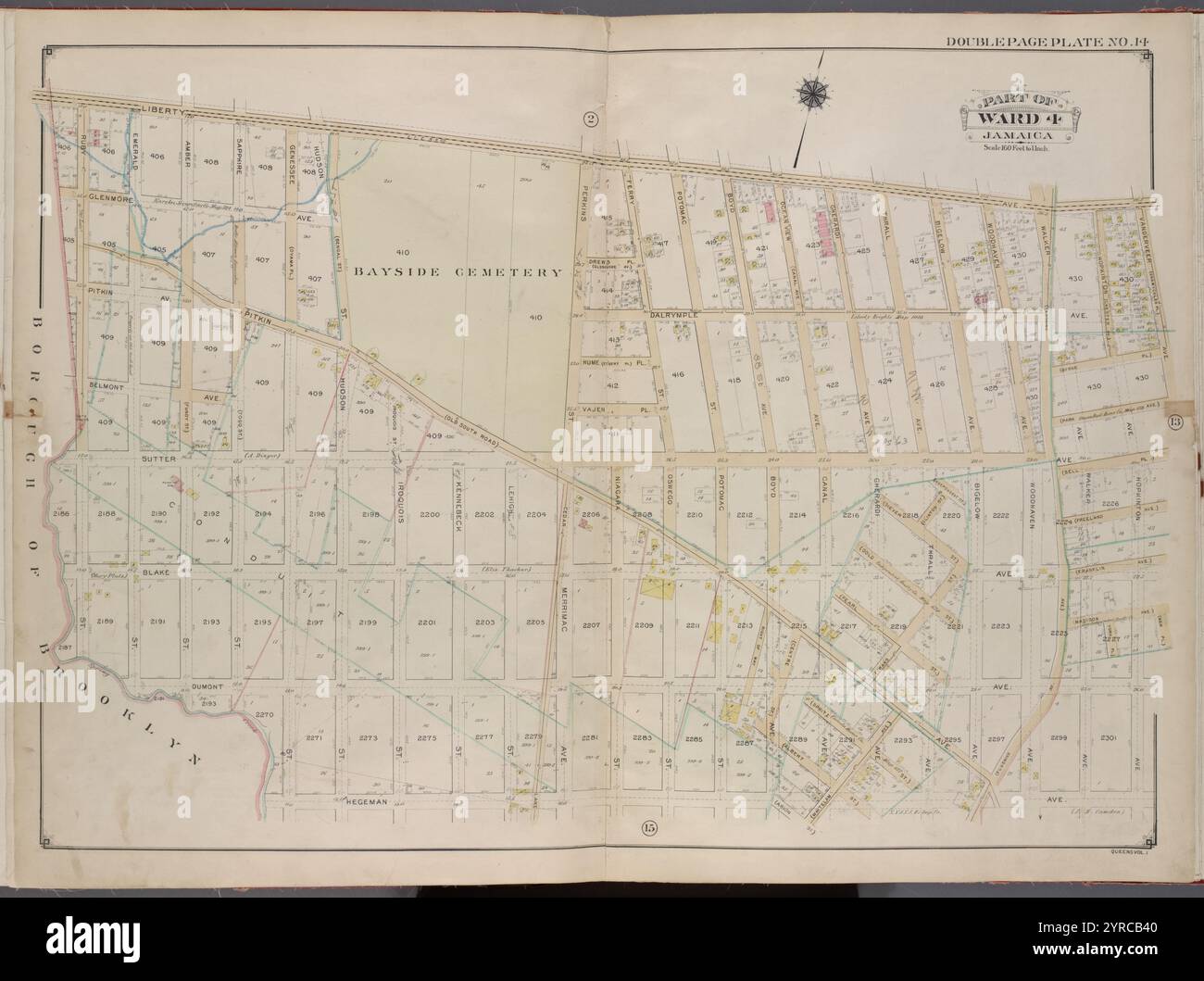 Queens, V. 1, double page plate No. 14 ; part of Jamaica, Ward 4 ; [Map Bounded by Liberty Ave., Vanderveer Ave., Hegeman Ave., Spring Creek, Ruby préparé] 1913 Banque D'Images