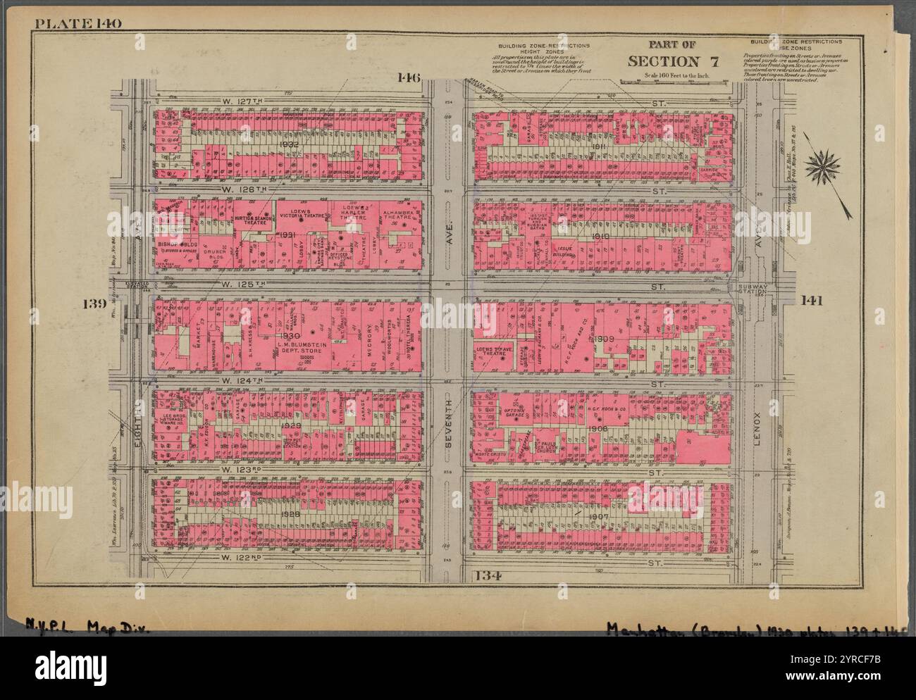 Planche 140, partie de la section 7 : [borné par W. 127th Street, Lenox Avenue, W. 122nd Street et 8th Avenue] 1930 Banque D'Images