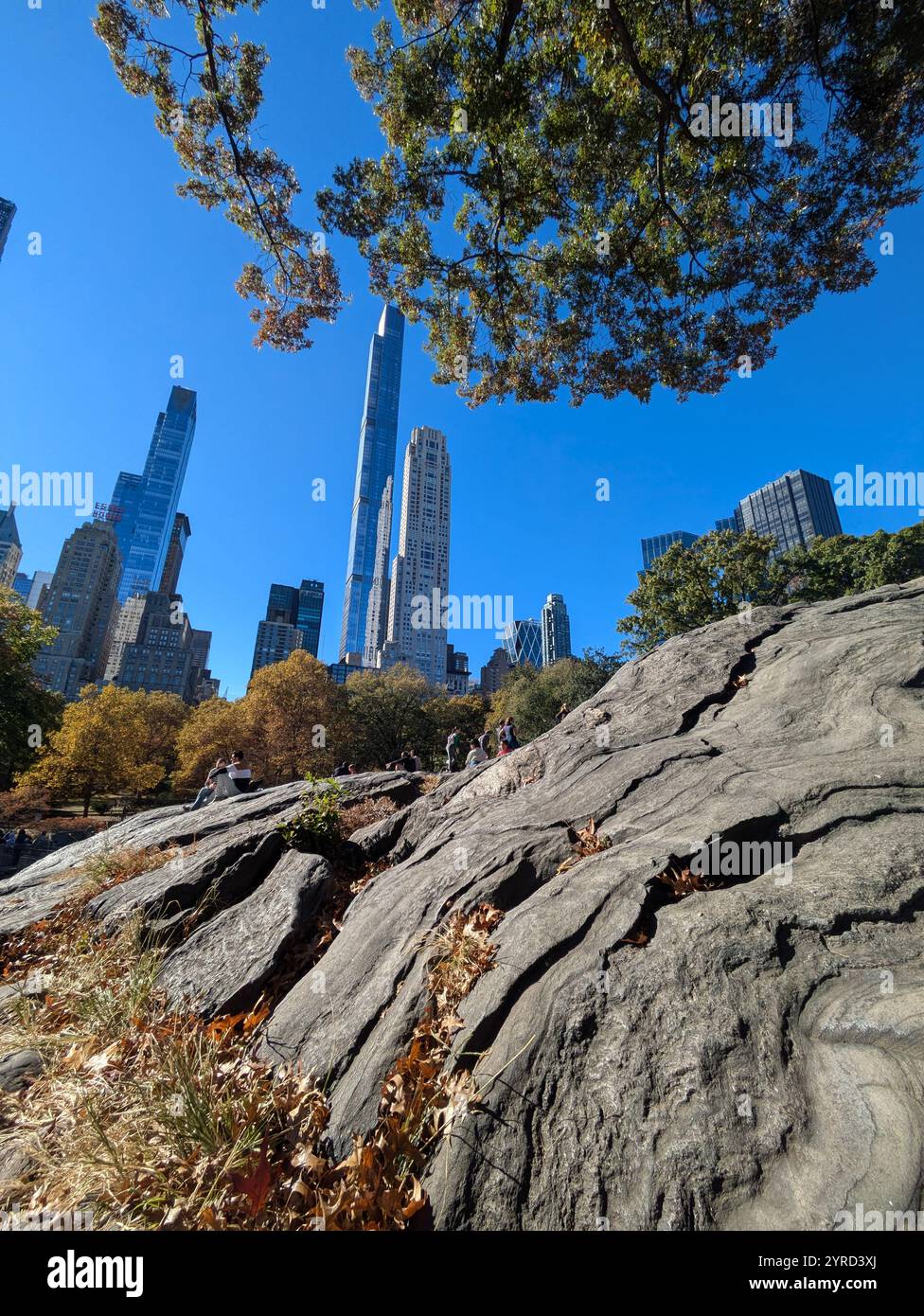 Gratte-ciel piquant au-dessus des rochers dans Central Park - Image de stock capturée avec un smartphone