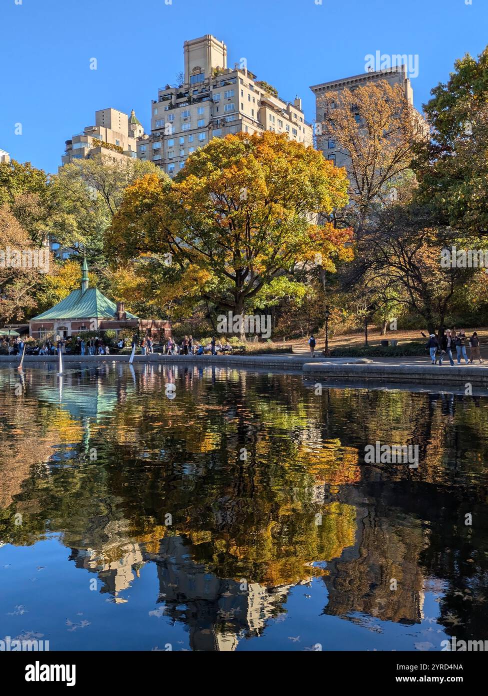 Reflet des bâtiments dans l'étang central du parc Banque D'Images