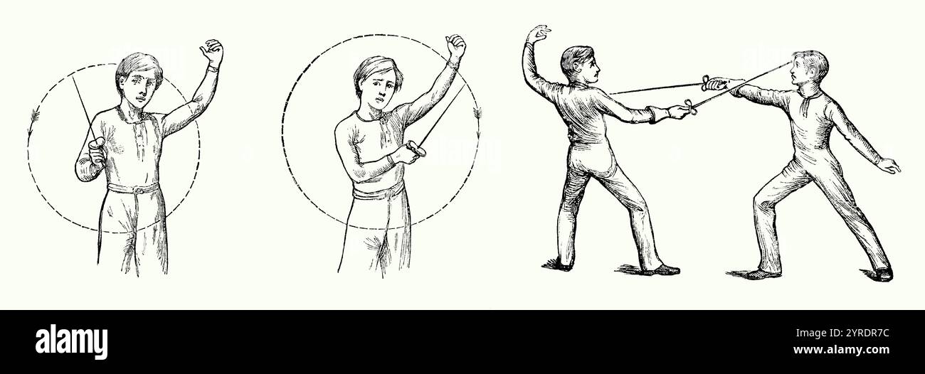 Une vieille gravure d'hommes d'escrime dans les années 1800 Il est tiré du livre victorien des années 1890 sur les sports, les jeux et les passe-temps. Ici, les hommes emploient des positions défensives, tierce (à gauche) et Quarte (au centre). Droite une poussée dans Quarte est montrée. Notez que les hommes ne portent ni protège-visage ni masques. L'escrime est un sport de combat qui propose des combats à l'épée. Les trois disciplines de l'escrime moderne sont le fleuret, l'épée et le sabre (sabre) - chaque discipline utilise un type de lame différent et emploie ses propres règles. Le sport est né au XVIIIe siècle, influencé par l'école italienne d'escrime pendant la Renaissance. Banque D'Images