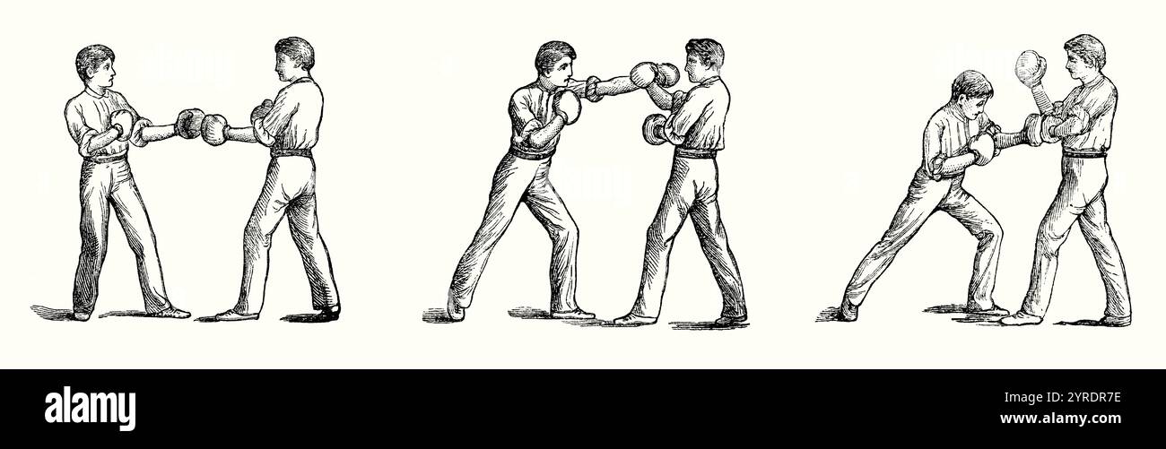 Une vieille gravure d'hommes boxant dans les années 1800 Il est tiré du livre victorien des années 1890 sur les sports, les jeux et les passe-temps. Ici, les hommes dans leur pantalon pleine longueur prennent une position de départ (à droite). Un jab du bras gauche sur la tête d'un adversaire est représenté au centre. Un bras gauche touché au corps de l'adversaire est droit, l'adversaire bloquant cela avec son bras gauche. La boxe est un sport de combat et martial compris Ayant lieu sur un ring de boxe, il implique deux personnes – généralement portant un équipement de protection, se jetant des coups de poing l'une sur l'autre pendant une durée prédéterminée. Banque D'Images