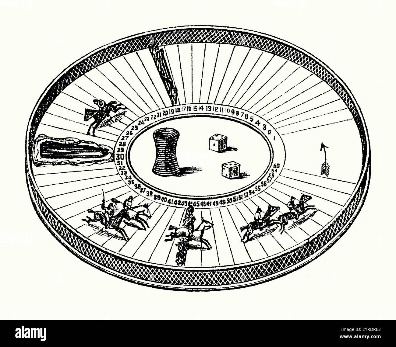 Une vieille gravure d'un jeu de hasard de course de chevaux circulaire victorien sur table. Il est tiré du livre des années 1890 sur les sports, les jeux et les passe-temps. Chacun des six chevaux et cavaliers peut «sauter» par-dessus les clôtures et un «saut d'eau» sur une planche de style «roulette». Leur progression autour du plateau est contrôlée par le lancer de deux dés d’un joueur. Banque D'Images
