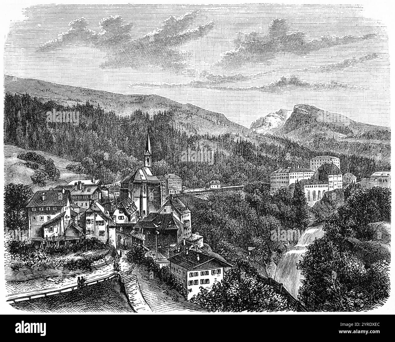Spa et station de sports d'hiver Bad Gastein dans le paysage de montagne alpin, église, parc national Hohe Tauern, Autriche, illustration historique 1882, Europe Banque D'Images