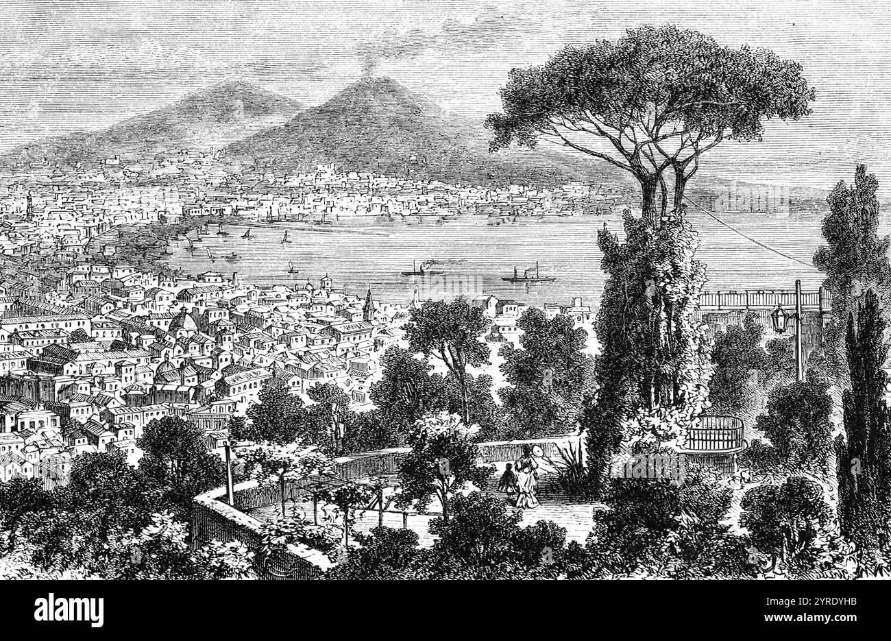 Golfe de Naples avec le volcan fumant Vésuve, vue sur la ville, point de vue, terrasse, Italie, illustration historique 1882, Europe Banque D'Images