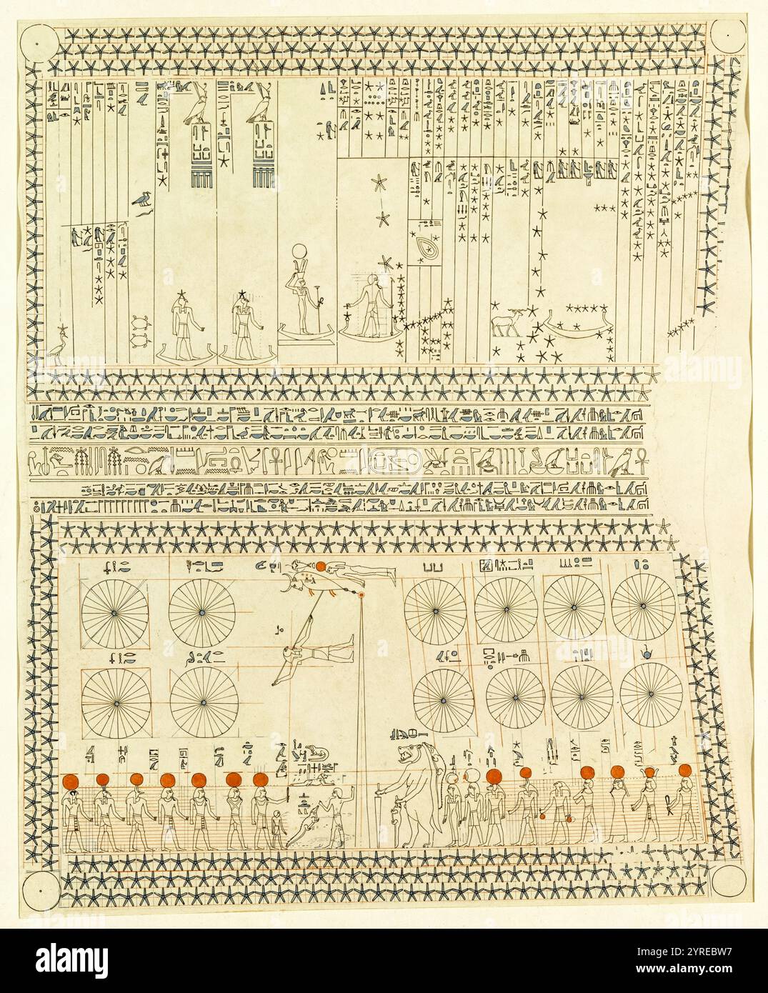 Plafond astronomique de la tombe de Senenmut le dessin de l'archéologue britannique Charles K. Wilkinson (1897-1986) des cartes astronomiques égyptiennes, des divinités, des diagrammes célestes et du texte hiéroglyphique et des motifs stellaires tels que vus sur la tombe remonte à la XVIIIe dynastie de l'Égypte antique (vers 1479–1458 av. J.-C.). Banque D'Images Plafond astronomique de la tombe de Senenmut le dessin de l'archéologue britannique Charles K. Wilkinson (1897-1986) des cartes astronomiques égyptiennes, des divinités, des diagrammes célestes et du texte hiéroglyphique et des motifs stellaires tels que vus sur la tombe remonte à la XVIIIe dynastie de l'Égypte antique (vers 1479–1458 av. J.-C.). Banque D'Images