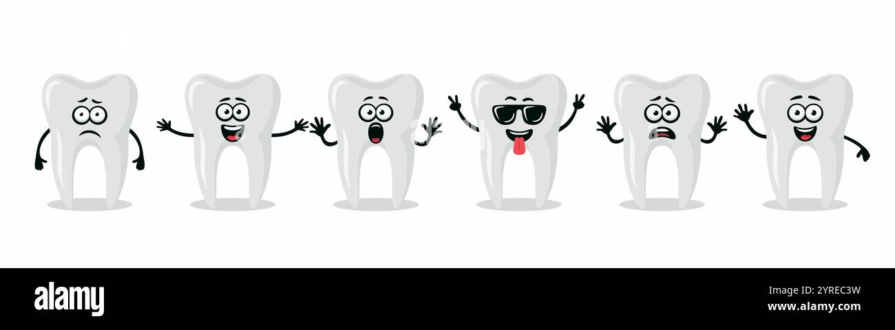 Adorable personnages Tooth montrant différentes émotions. Illustration de dents vectorielles plates - expressions heureuses, excitées, tristes, effrayées. Conception mignonne des dents Illustration de Vecteur