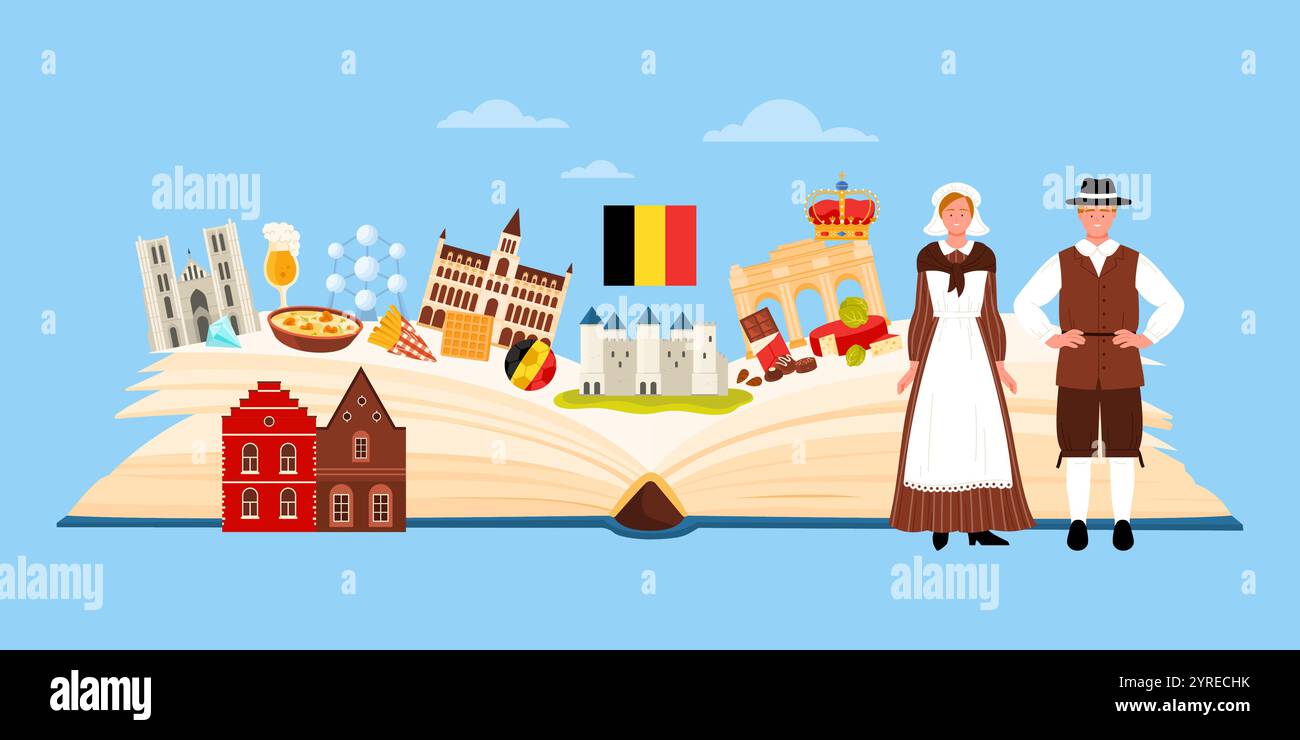 Culture belge et monuments traditionnels, étude de langue en voyage. Bannière de collage infographique avec grand livre de guide ouvert, Belges en costumes nationaux, illustration vectorielle de dessin animé de la nourriture et des bâtiments Illustration de Vecteur