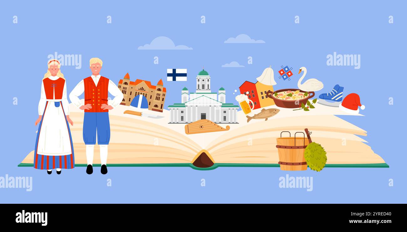 Les éléments de la culture finlandaise, monuments architecturaux de la Finlande étudient dans le collage infographique. Livre de guide ouvert et les gens en robe traditionnelle, théâtre et illustration vectorielle de dessin animé de la cathédrale d'Helsinki Illustration de Vecteur