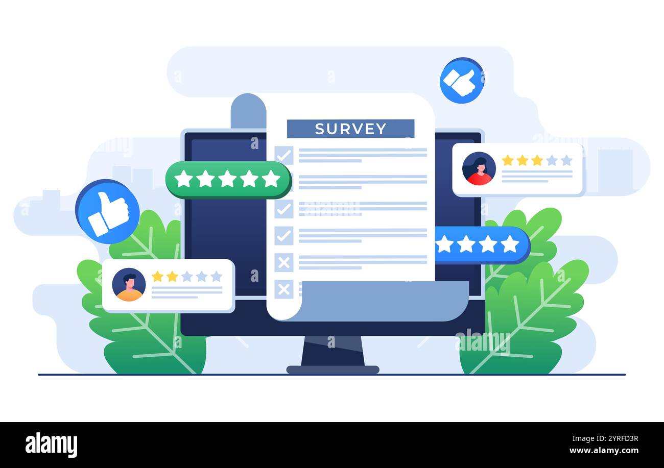 Modèle de vecteur d'illustration plat de concept d'enquête en ligne, remplir le test dans le formulaire d'enquête client, expériences client et concept de satisfaction pour landi Illustration de Vecteur Modèle de vecteur d'illustration plat de concept d'enquête en ligne, remplir le test dans le formulaire d'enquête client, expériences client et concept de satisfaction pour landi Illustration de Vecteur