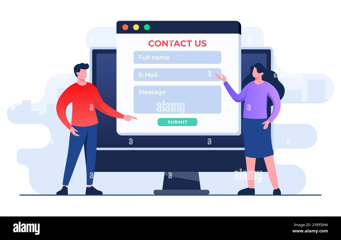 Contactez-nous formulaire sur l'illustration plate de l'écran de bureau pour bannière web, application mobile, landing page, présentation d'entreprise, bannière de site web, assistance clientèle, Illustration de Vecteur Contactez-nous formulaire sur l'illustration plate de l'écran de bureau pour bannière web, application mobile, landing page, présentation d'entreprise, bannière de site web, assistance clientèle, Illustration de Vecteur