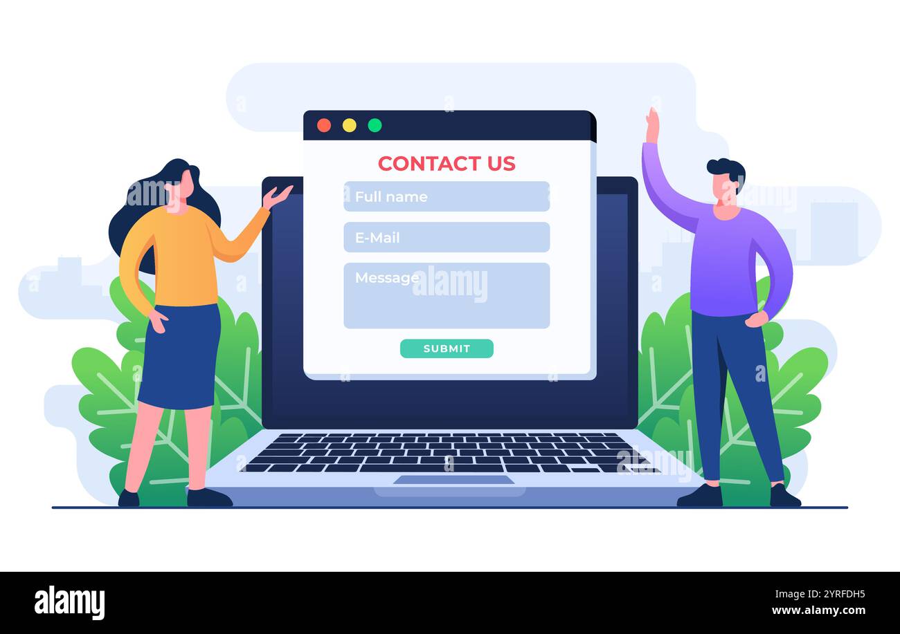 Contactez-nous formulaire sur l'illustration plate d'écran d'ordinateur portable pour bannière web, application mobile, page de destination, présentation d'entreprise, bannière de site Web, assistance clientèle, Illustration de Vecteur Contactez-nous formulaire sur l'illustration plate d'écran d'ordinateur portable pour bannière web, application mobile, page de destination, présentation d'entreprise, bannière de site Web, assistance clientèle, Illustration de Vecteur