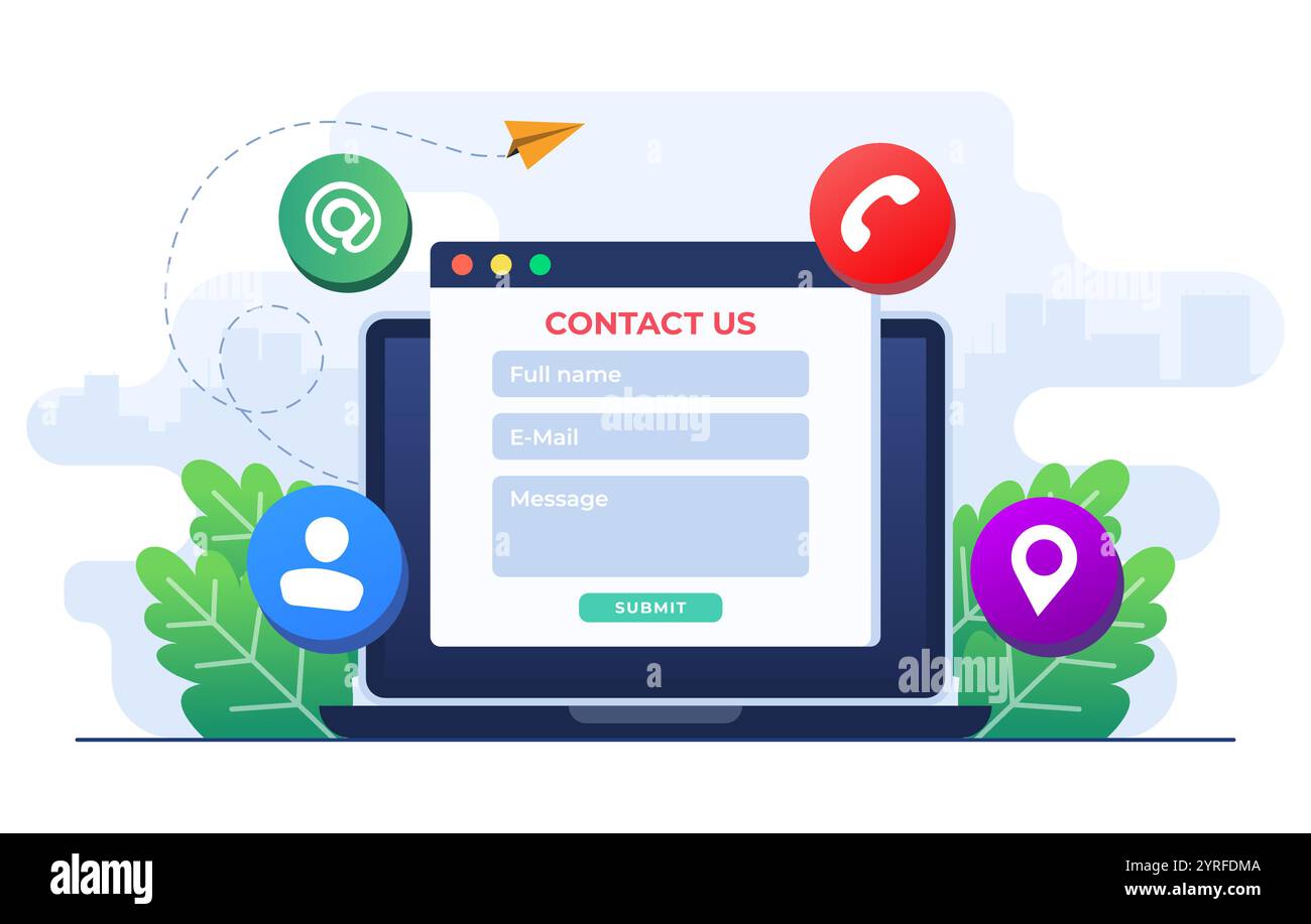 Contactez-nous formulaire sur l'illustration plate d'écran d'ordinateur portable pour bannière web, application mobile, page de destination, présentation d'entreprise, bannière de site Web, assistance clientèle, Illustration de Vecteur Contactez-nous formulaire sur l'illustration plate d'écran d'ordinateur portable pour bannière web, application mobile, page de destination, présentation d'entreprise, bannière de site Web, assistance clientèle, Illustration de Vecteur