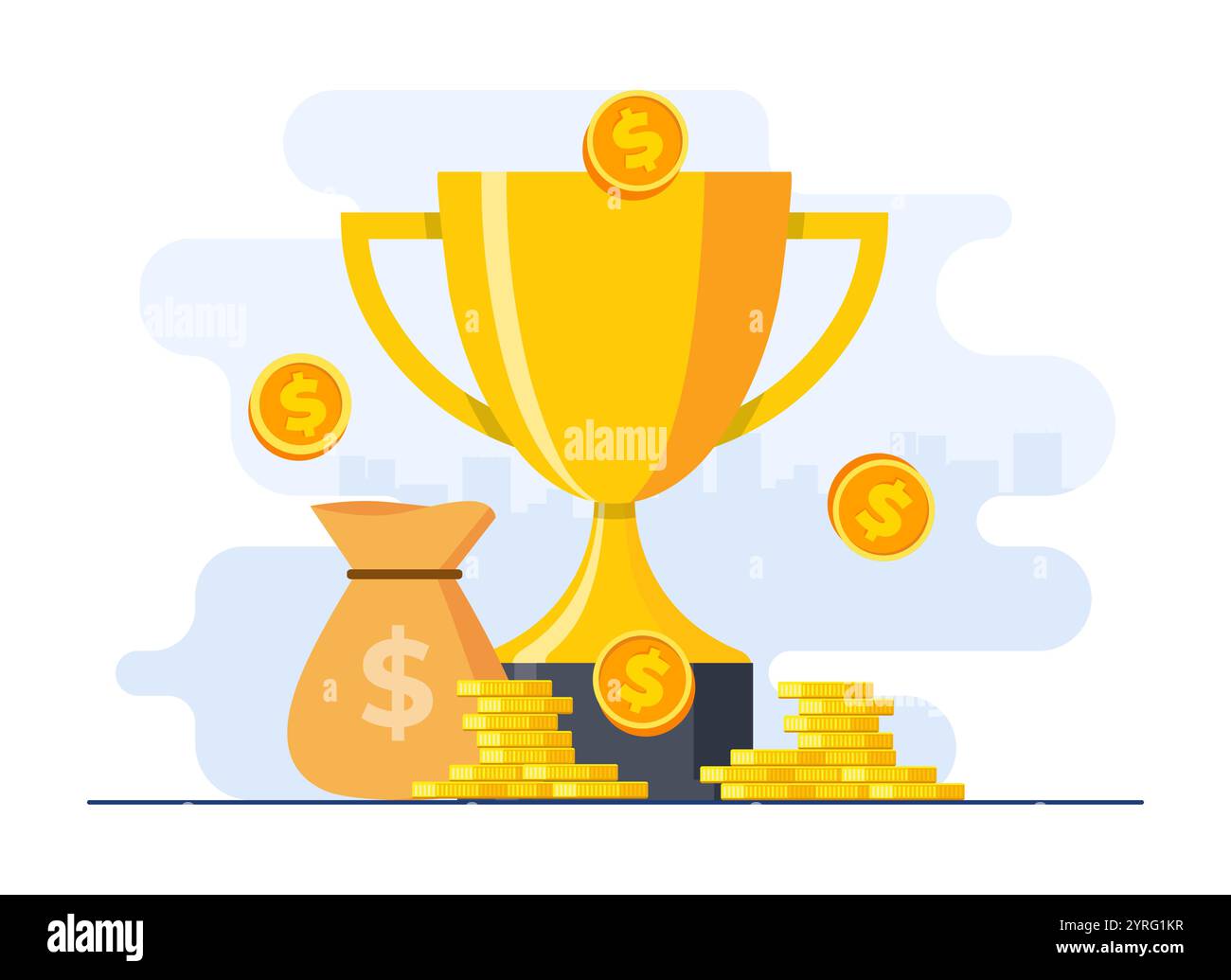 Modèle plat d'illustration vectorielle de concept d'objectif d'entreprise, Trophée avec des pièces, gagnant, argent, récompense, victoire Illustration de Vecteur