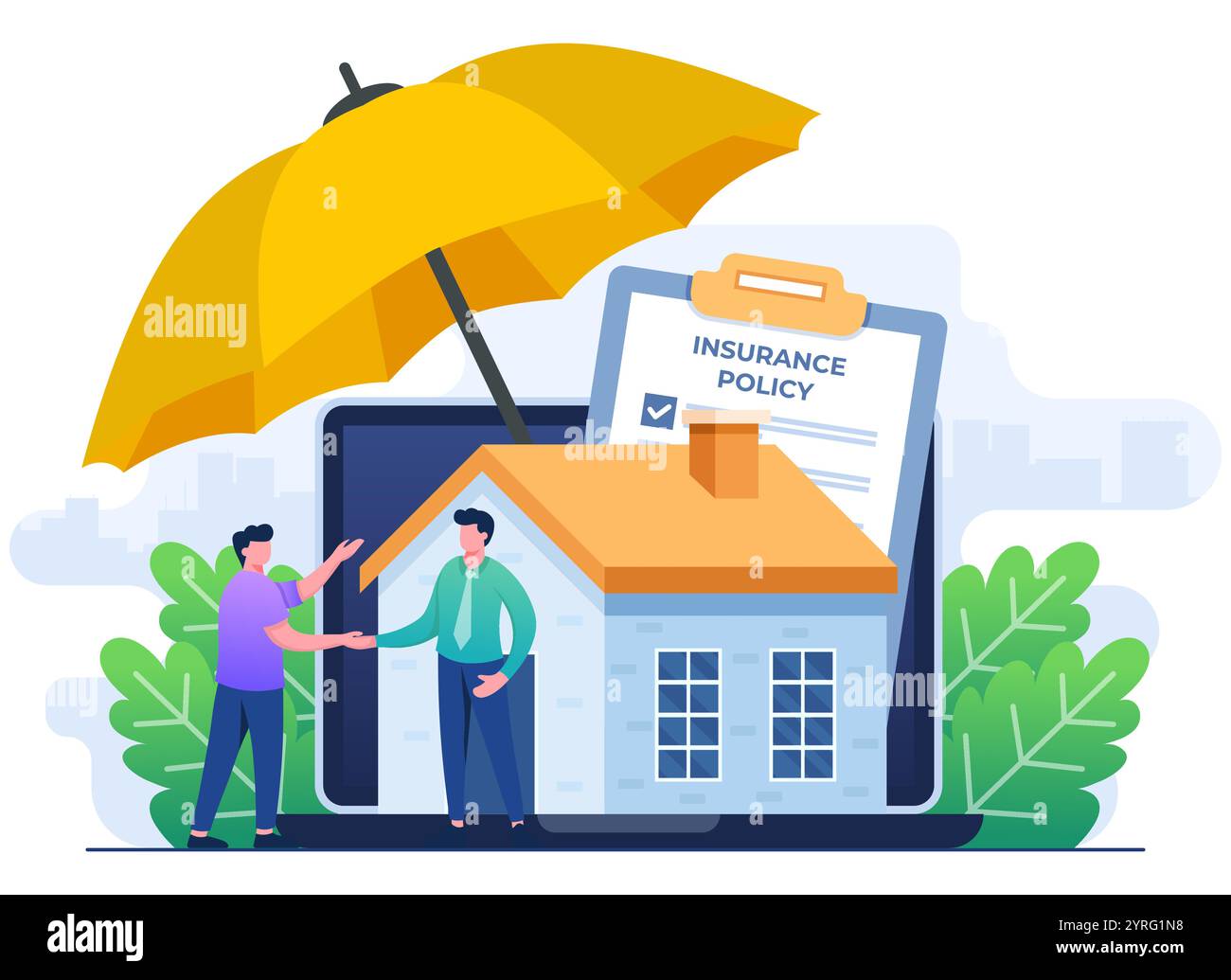 Modèle d'illustration vectorielle plate de concept d'assurance immobilière, police d'assurance en ligne sur écran d'ordinateur portable pour la propriété de maison, protection Illustration de Vecteur