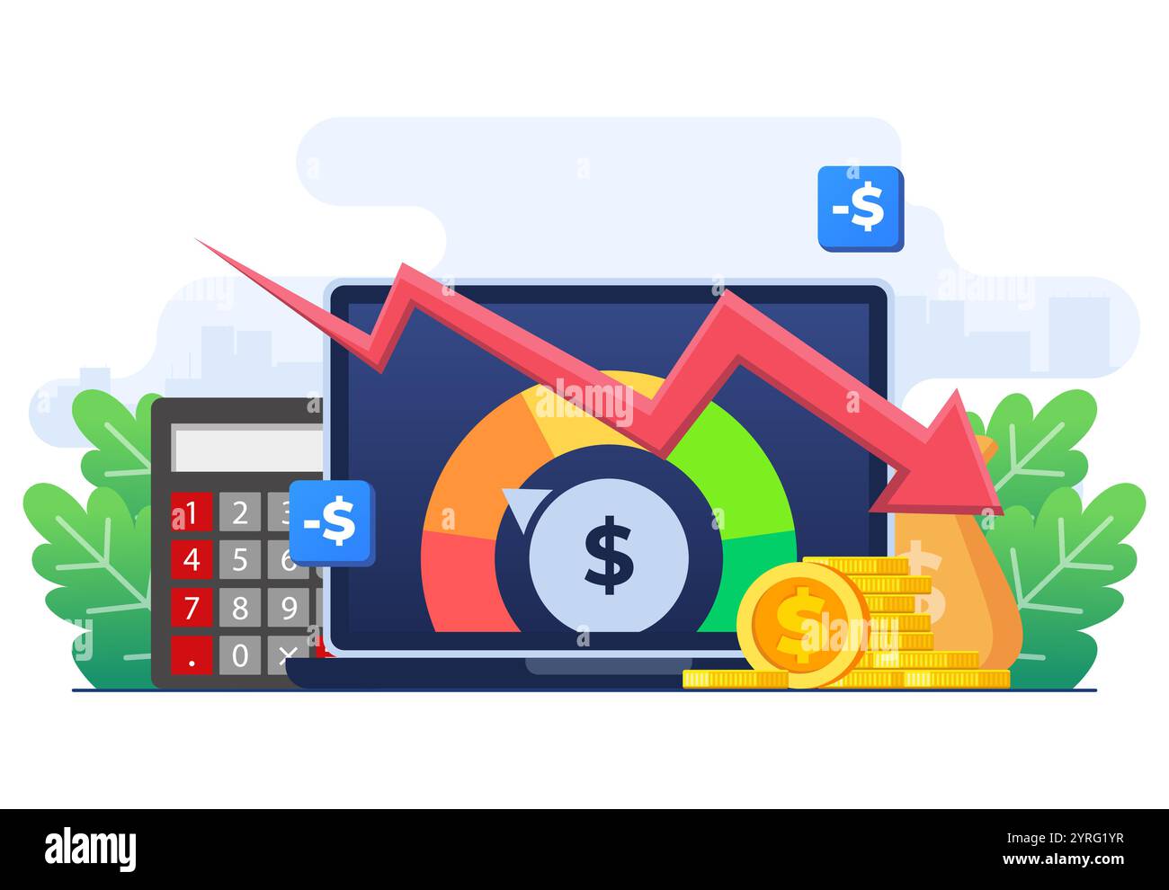 Crise financière, récession économique, krach du marché, faillite, faillite de l'entreprise, dette, modèle de vecteur d'illustration plat de revenus de perte d'argent Illustration de Vecteur