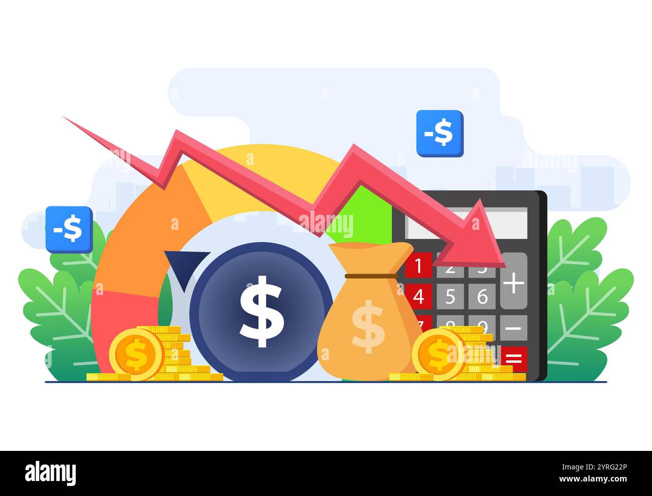 Crise financière, récession économique, krach du marché, faillite, faillite de l'entreprise, dette, modèle de vecteur d'illustration plat de revenus de perte d'argent Illustration de Vecteur