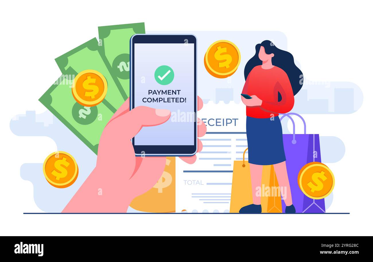 Faire un paiement en ligne réussi sur la main tenant un smartphone, femme utilisant des services bancaires mobiles et des transactions sécurisées pendant les achats en ligne, E-c Illustration de Vecteur