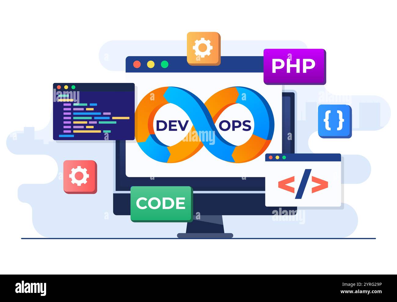 Concept DevOps illustration vectorielle plate, processus de développement logiciel et d'exploitation INFORMATIQUE, support technique, méthodologie DevOps, développement administratif Illustration de Vecteur