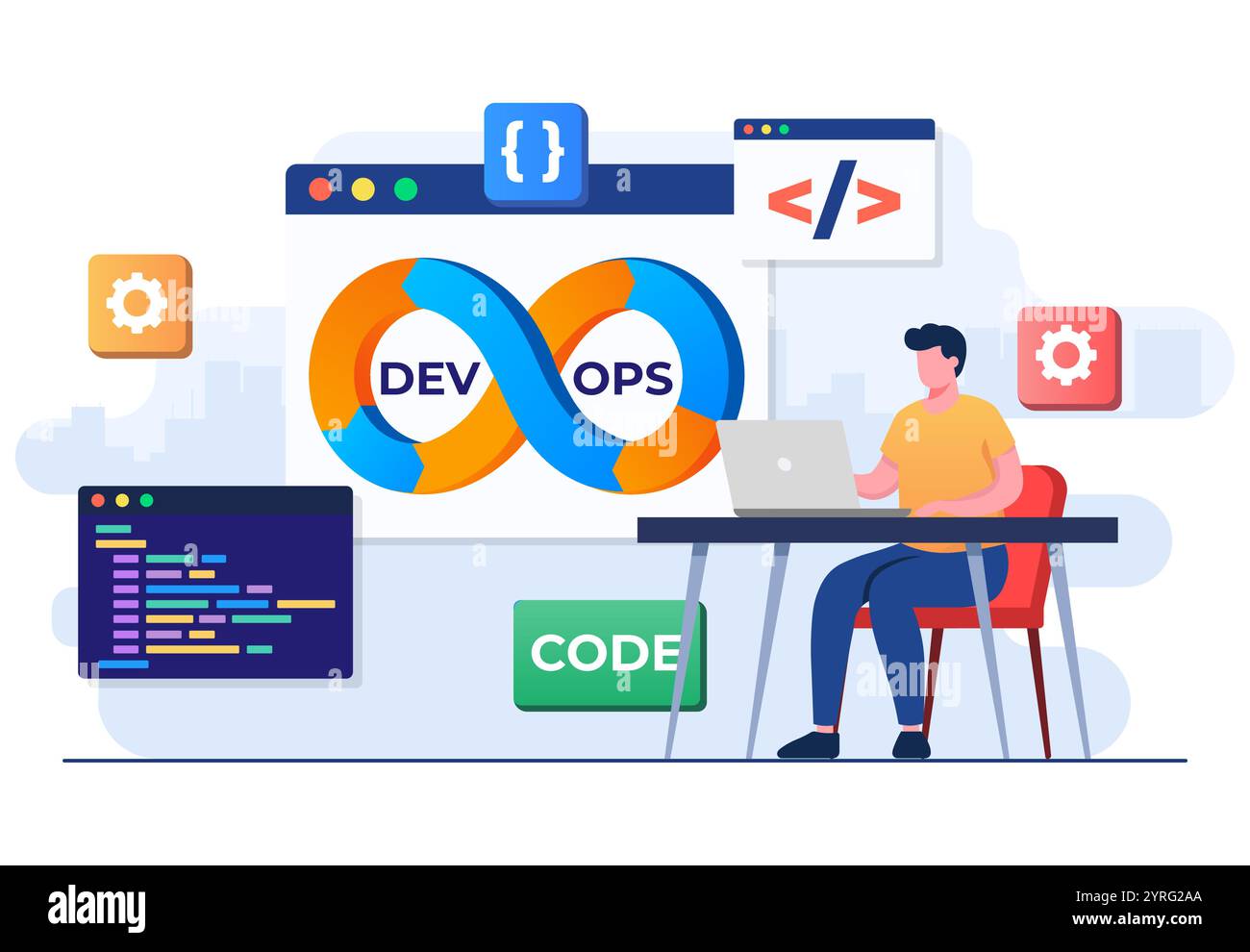 Programmeurs pratique du développement et des opérations logicielles, méthodologie DevOps, support technique, processus d'automatisation, développement de logiciels et opérations informatiques Illustration de Vecteur