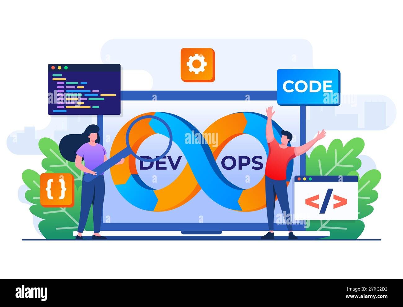 Les programmeurs pratiquent le développement et les opérations logicielles, la méthodologie DevOps, le support technique, le processus d'automatisation, le développement logiciel et l'opéra INFORMATIQUE Illustration de Vecteur