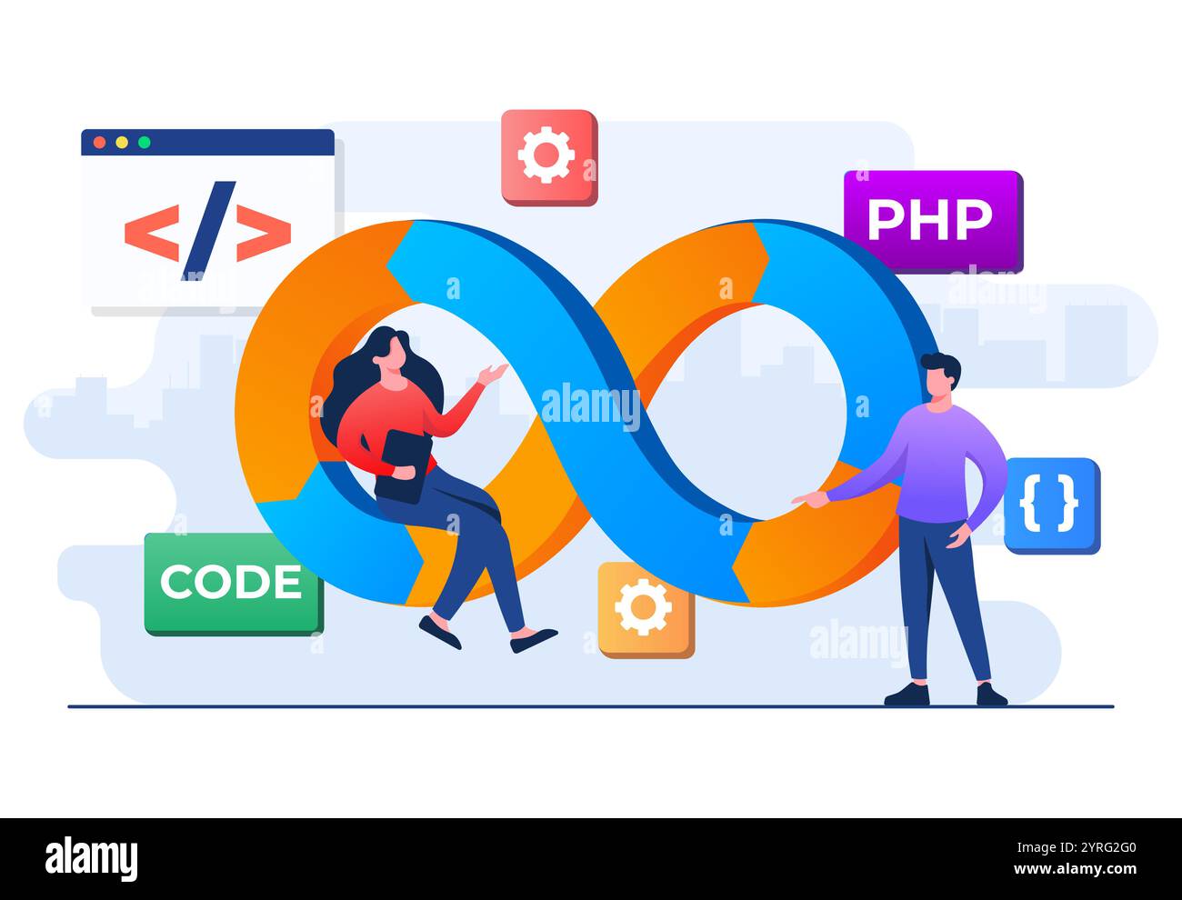 Programmeurs pratique du développement et des opérations logicielles, méthodologie DevOps, support technique, processus d'automatisation, développement de logiciels et opérations informatiques Illustration de Vecteur