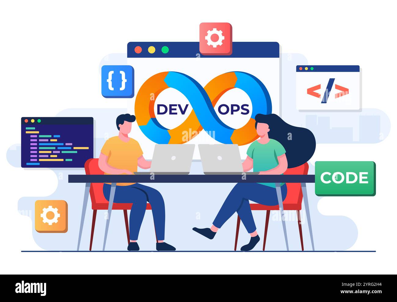 Programmeurs pratique du développement et des opérations logicielles, méthodologie DevOps, support technique, processus d'automatisation, développement de logiciels et opérations informatiques Illustration de Vecteur