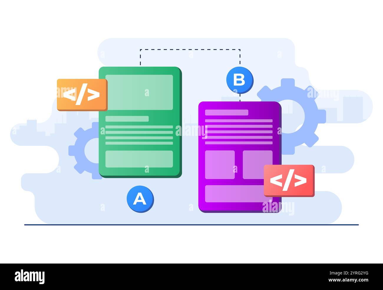 AB Testing concept modèle vectoriel plat d'illustration pour bannière de site Web, comparaison split wireframe application sur écran smartphone, comparer test re Illustration de Vecteur
