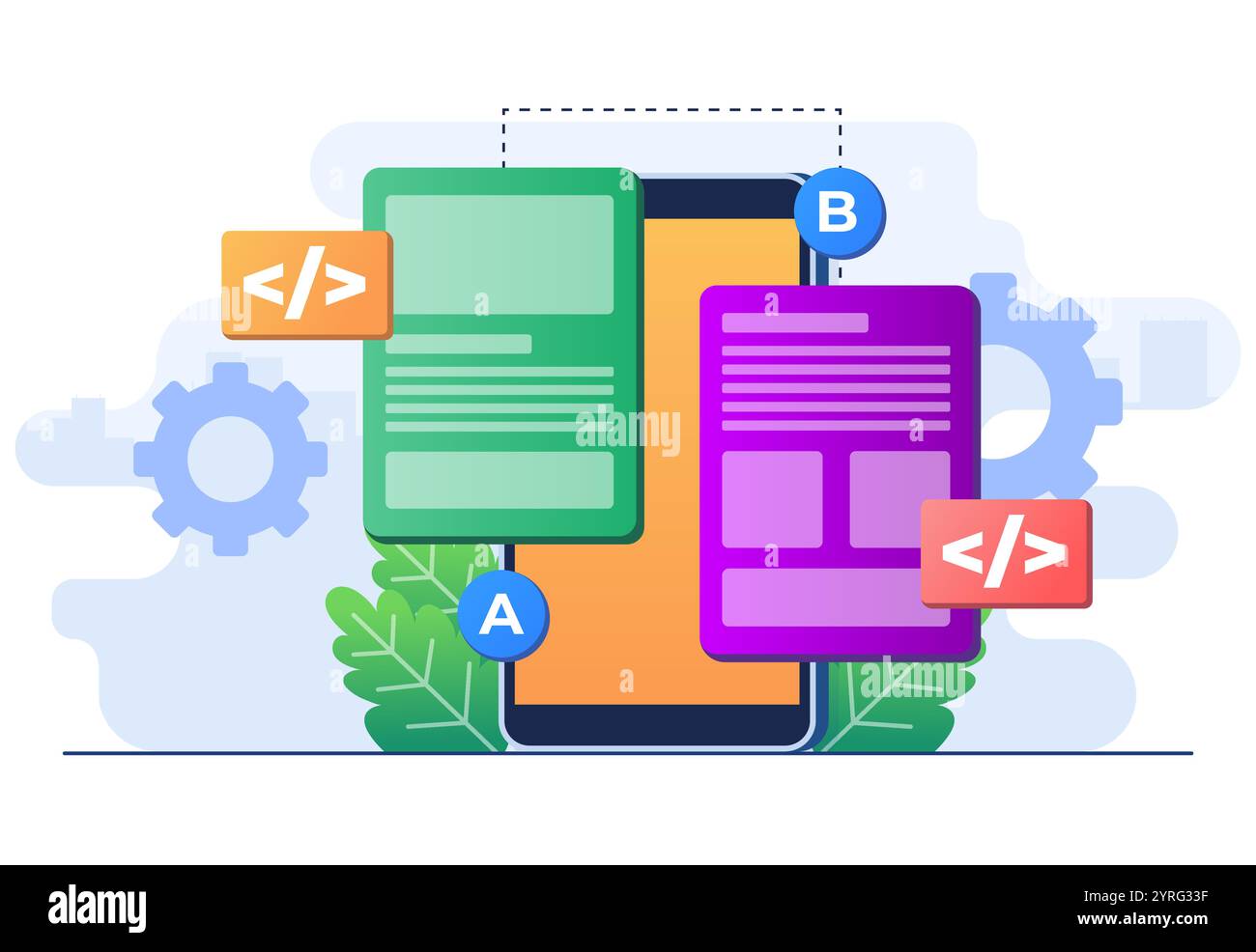 AB Testing concept modèle vectoriel plat d'illustration pour bannière de site Web, comparaison split wireframe application sur écran smartphone, comparer test re Illustration de Vecteur