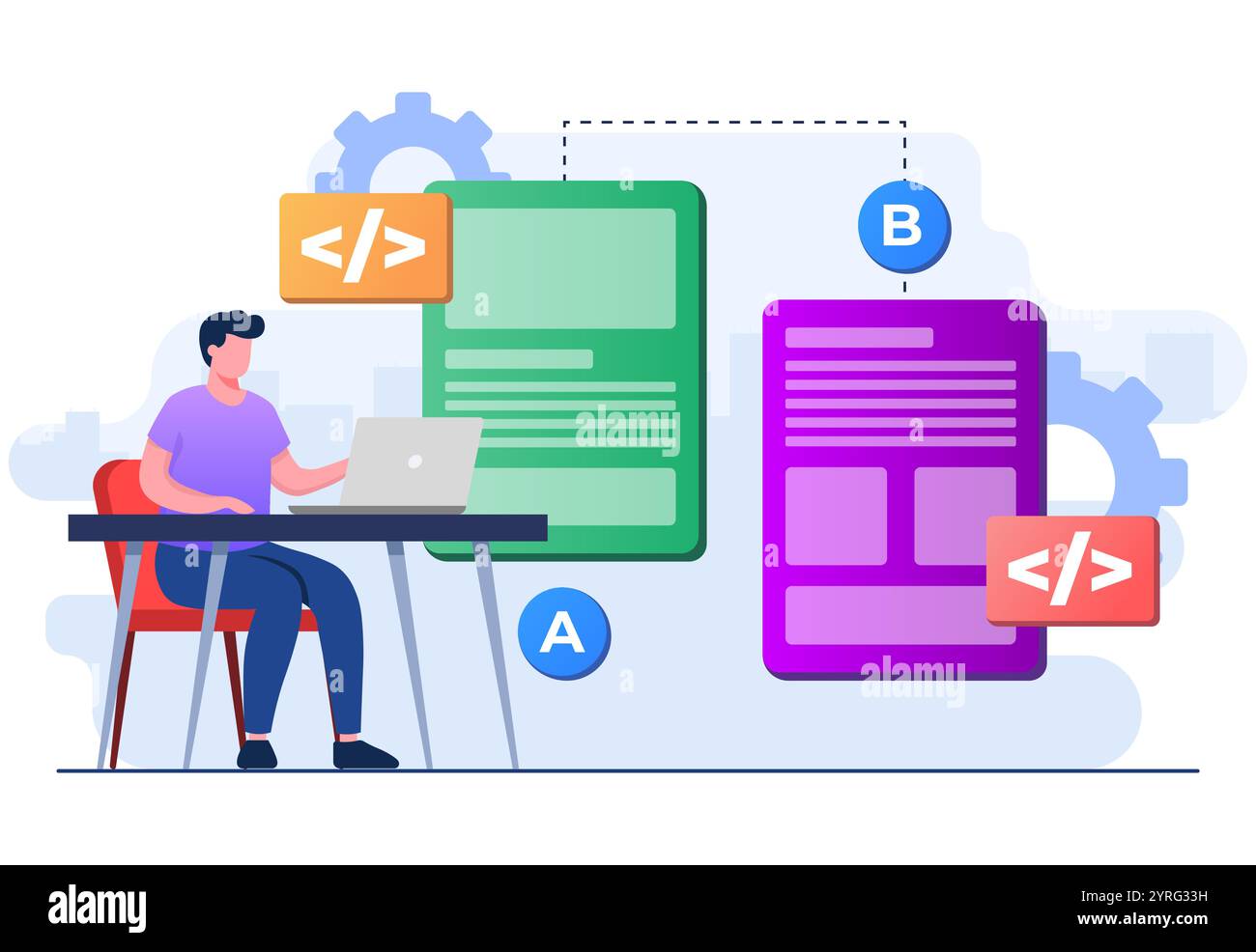 AB Testing concept modèle vectoriel plat d'illustration pour bannière de site Web, comparaison split wireframe application sur écran smartphone, comparer test re Illustration de Vecteur
