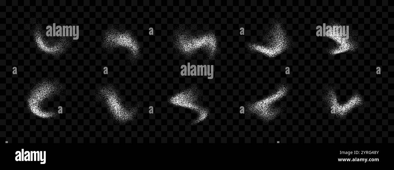 Collection éclaboussures de poudre blanche. Ensemble de texture de pulvérisation de grain grunge. Tache-brosse à pois courbés et bavures. Faisceau de recouvrement par éclaboussures de bruit de sable. Formes abstraites à gradient de grain fluide pointillé. Vecteur Illustration de Vecteur