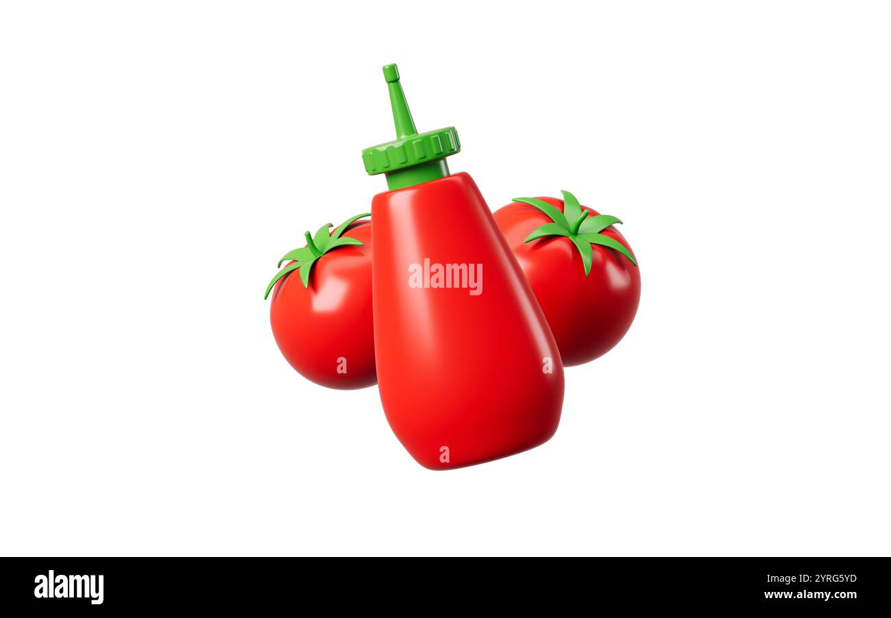 Sauce tomate de dessin animé et tomates, rendu 3D. illustration 3d. Banque D'Images