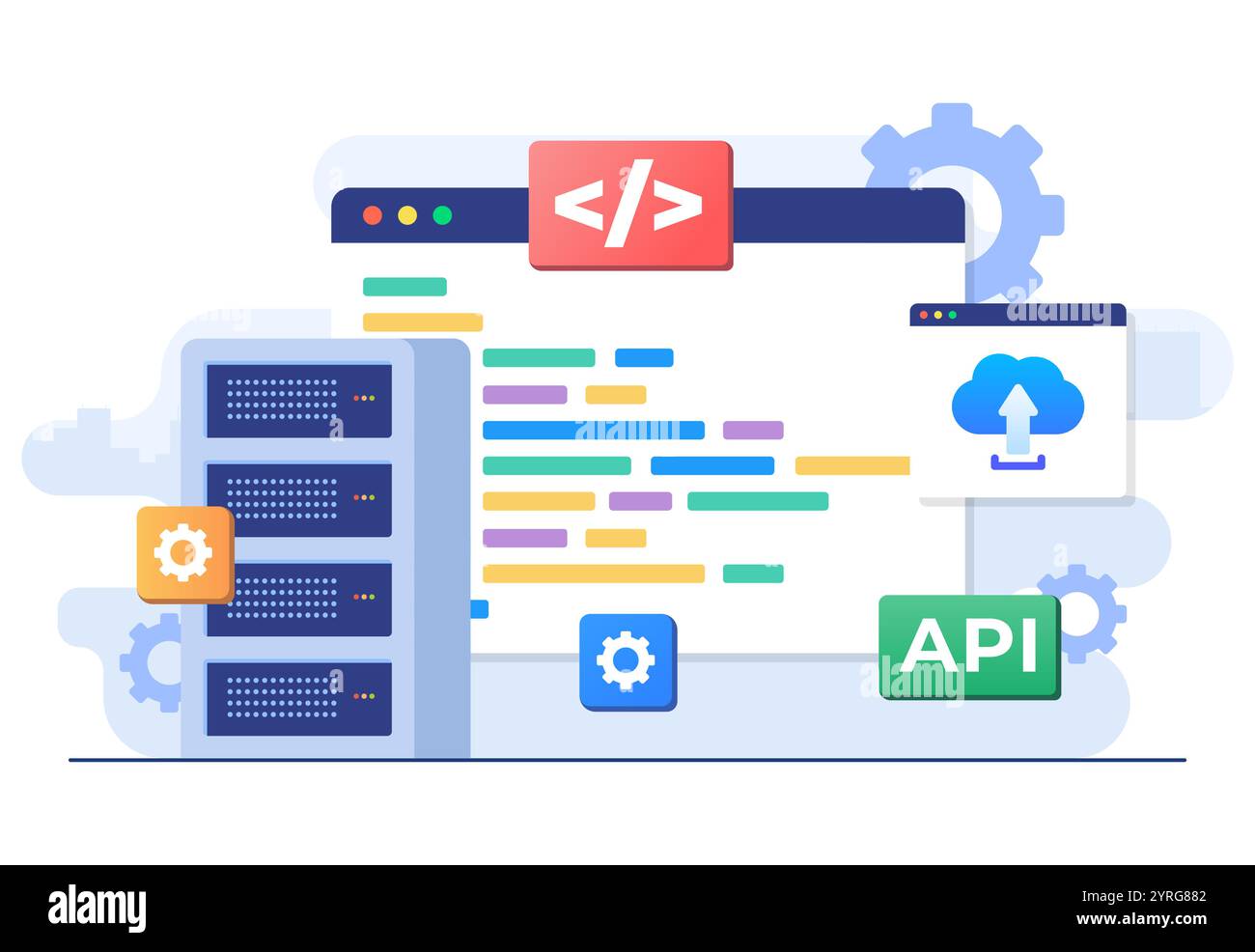 Concept d'interface de programmation d'applications, API fournit l'interface pour la communication entre les applications, l'outil de développement logiciel, Internet et Illustration de Vecteur
