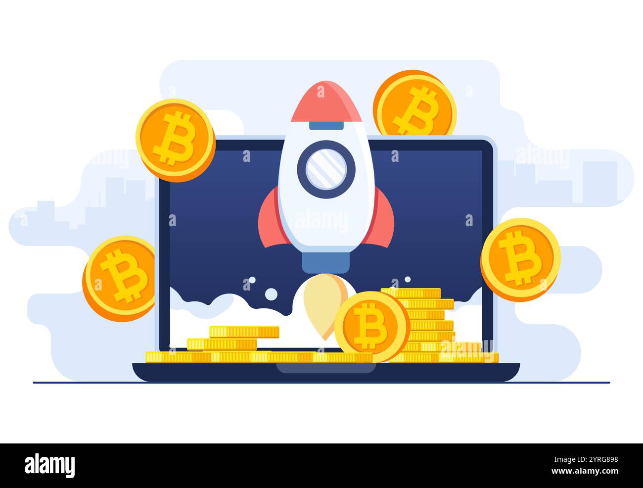 Rocket décolle avec succès de l'écran d'ordinateur portable, augmentation de la capitalisation de l'argent virtuel, concept de marché Bull, bitcoin en croissance, technologie Blockchain, Cry Illustration de Vecteur
