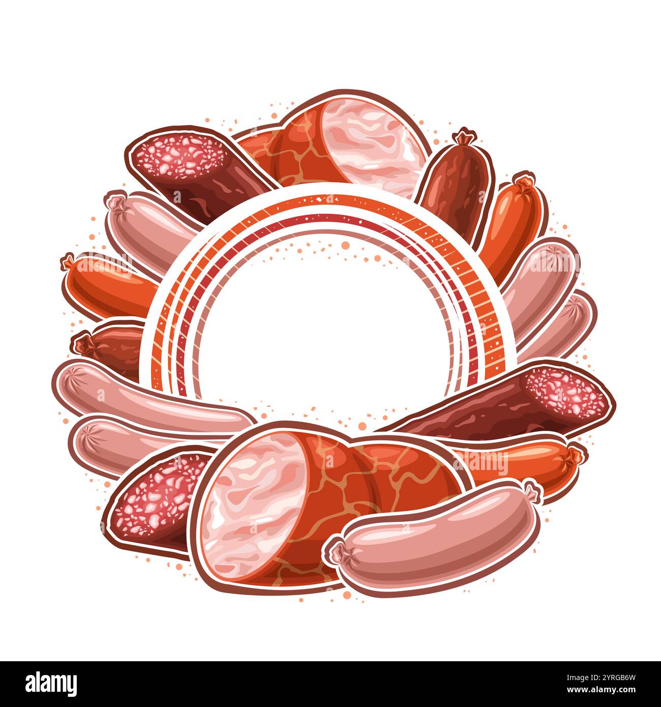 Cadre de saucisse vectoriel avec espace de copie vide pour le texte de l'annonce, cadre de cercle avec composition de saucisse diverse cuite, panneau de signe avec groupe de contour illustr Illustration de Vecteur