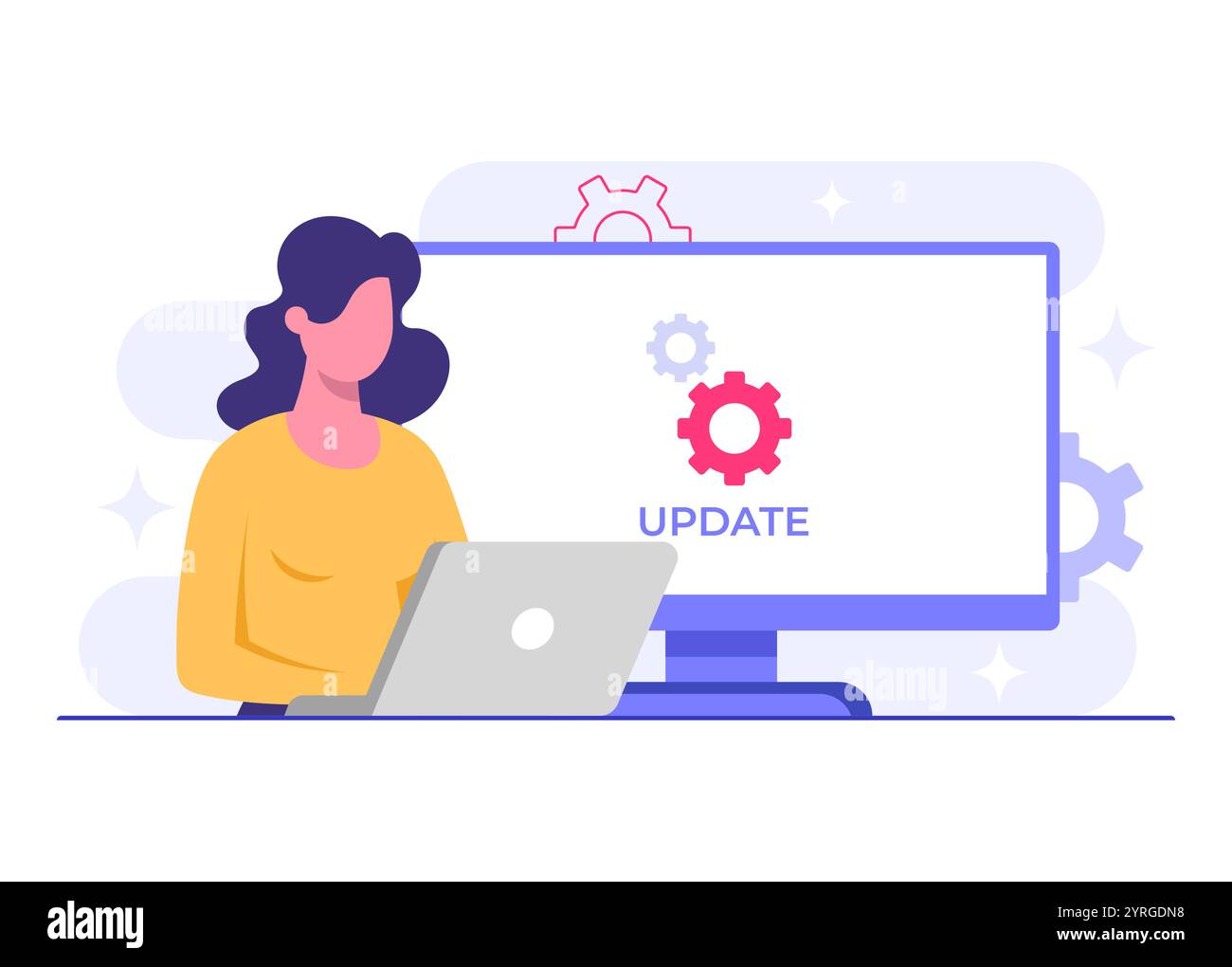Un ingénieur logiciel met à jour le système d'exploitation, illustration vectorielle plate de mise à jour logicielle, maintenance du système, processus de mise à jour, installation du logiciel Illustration de Vecteur