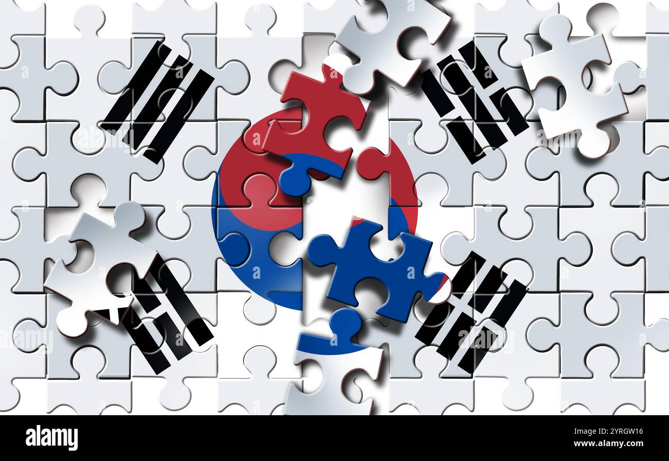 Crise sud-coréenne et chaos politique coréen et troubles à Séoul symbole des défis sécuritaires et de la démocratie comme un puzzle brisé. Banque D'Images