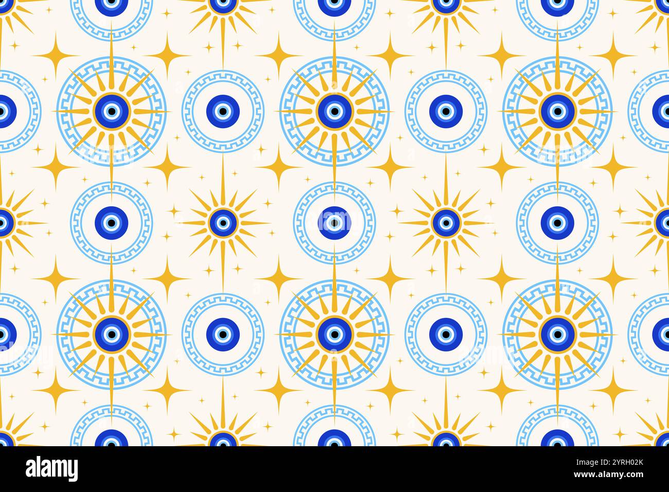 Mauvais oeil grec modèle sans couture. Fond de vecteur avec des perles bleues et le soleil. nazar turc - symbole ethnique de l'énergie de protection et de la chance. Amulette mystique Illustration de Vecteur