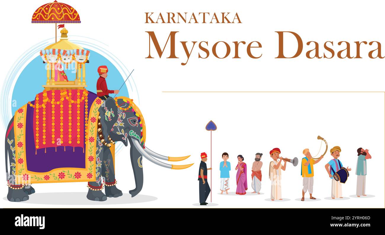 Éléphant Mysore dasara, Balarama était l'éléphant principal de la procession Mysore Dasara et portait l'idole de la déesse Chamundeshwari, Illustration de Vecteur