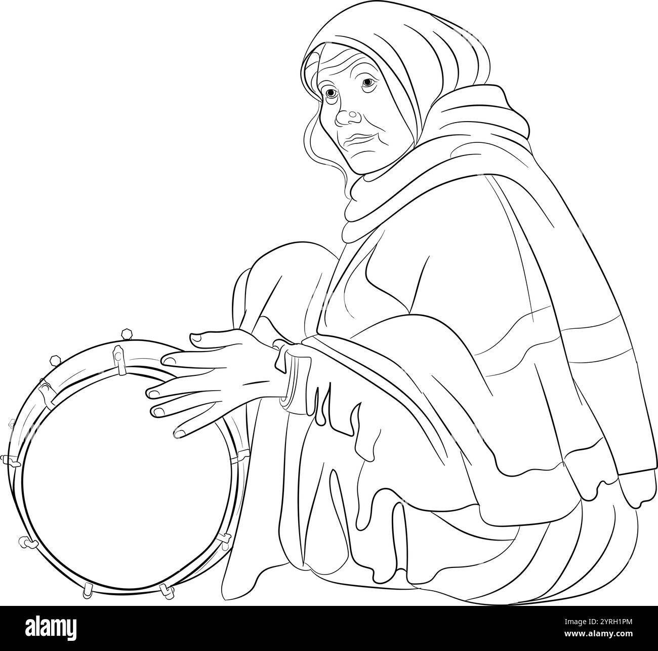 Femmes jouant un instrument de musique indien dholak, dessiné à la main dans un style de ligne mince Illustration de Vecteur