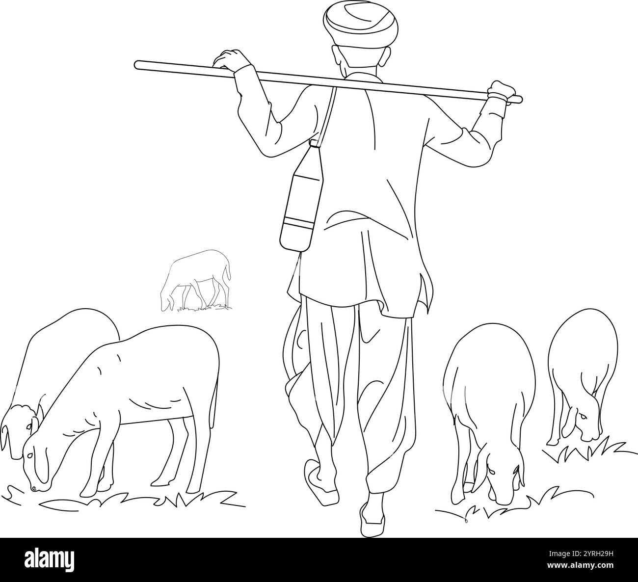 Berger indien avec un troupeau de chèvres, dessiné à la main dans un style de ligne mince Illustration de Vecteur