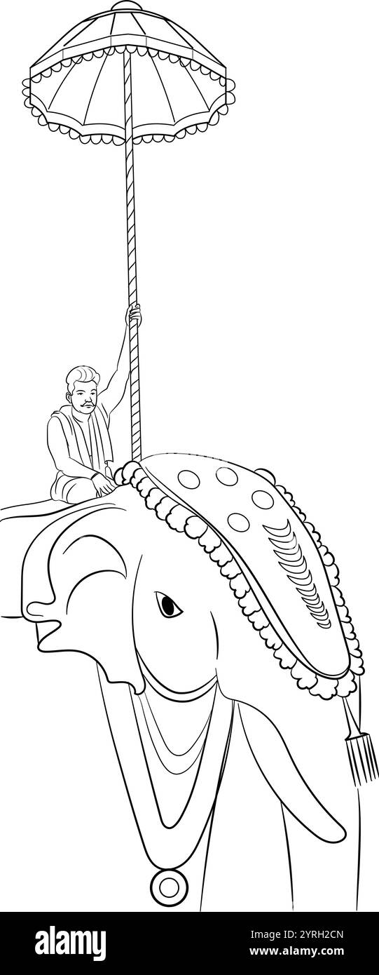 Éléphant décoré dans la procession au Kerala, dessiné à la main en ligne mince Illustration de Vecteur