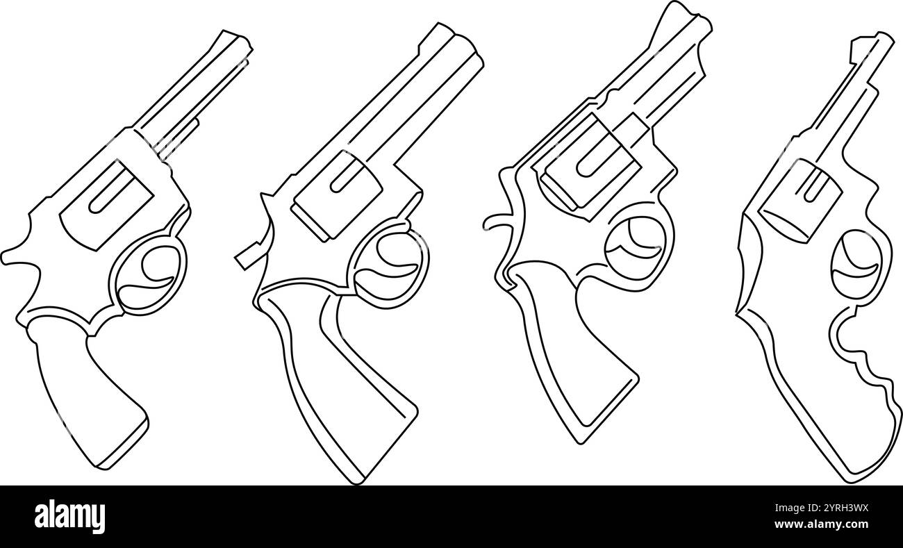 Illustration de revolver, vieux pistolet, dessiné à la main dans un style de ligne mince Illustration de Vecteur