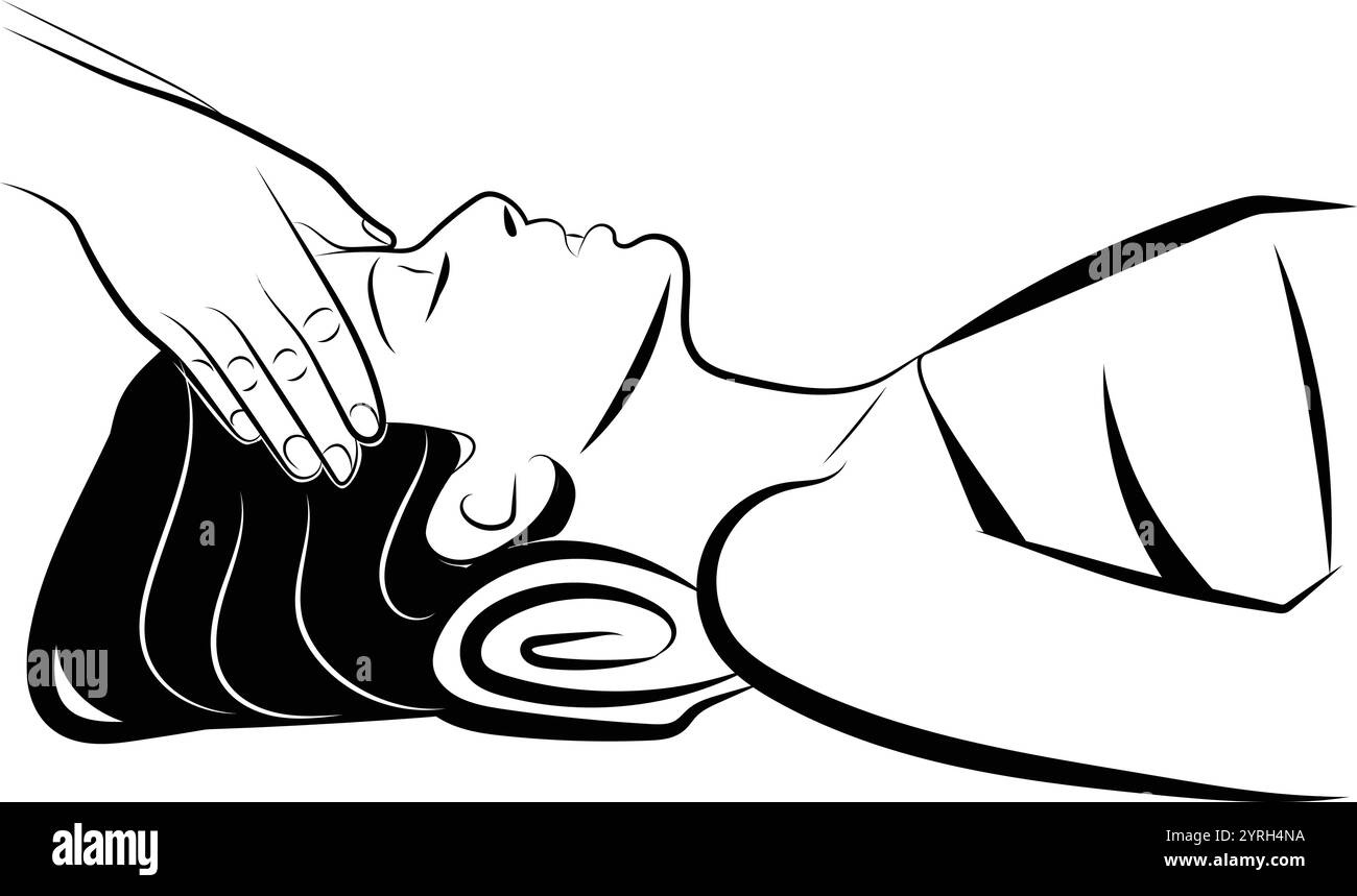 Femme physiothérapie, massage de la tête à une femme dans un salon de spa. Le masseur masse la tête, les cheveux, le cuir chevelu, le visage Illustration de Vecteur