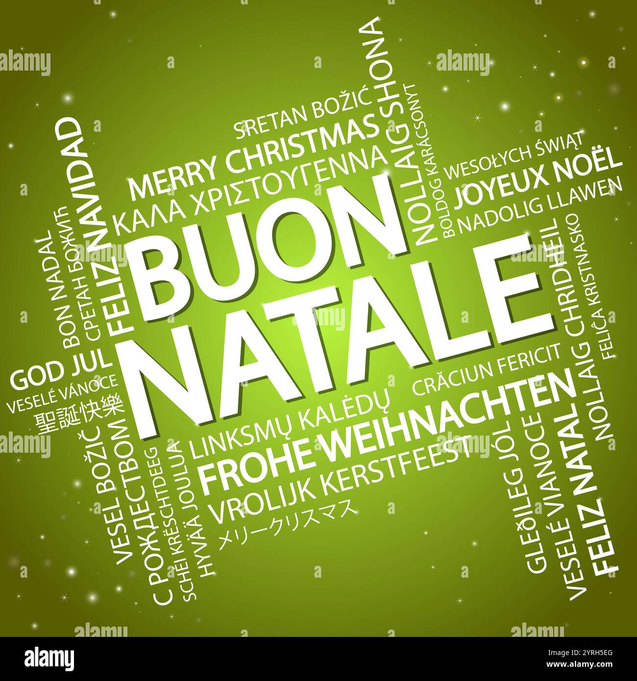 Nuage de mots avec texte Joyeux Noël en différentes langues, au milieu d'un immense et bold écrit en italien Illustration de Vecteur