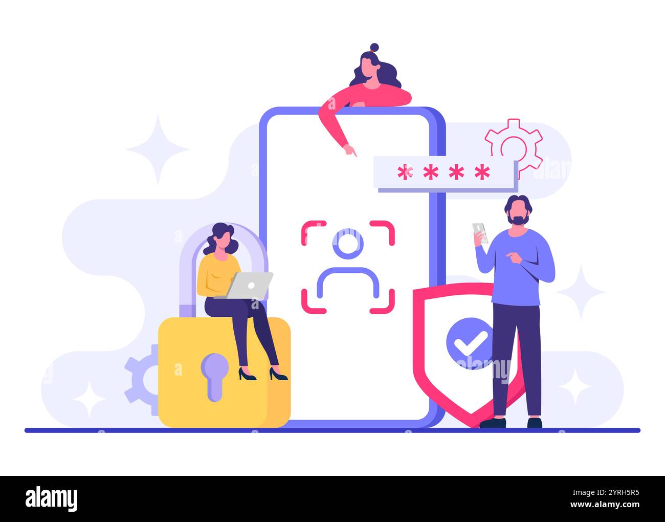 Technologie de reconnaissance faciale illustration plate, système d'identification et d'authentification utilisant les visages, biométrie et sécurité, identité faciale, Biometr Illustration de Vecteur