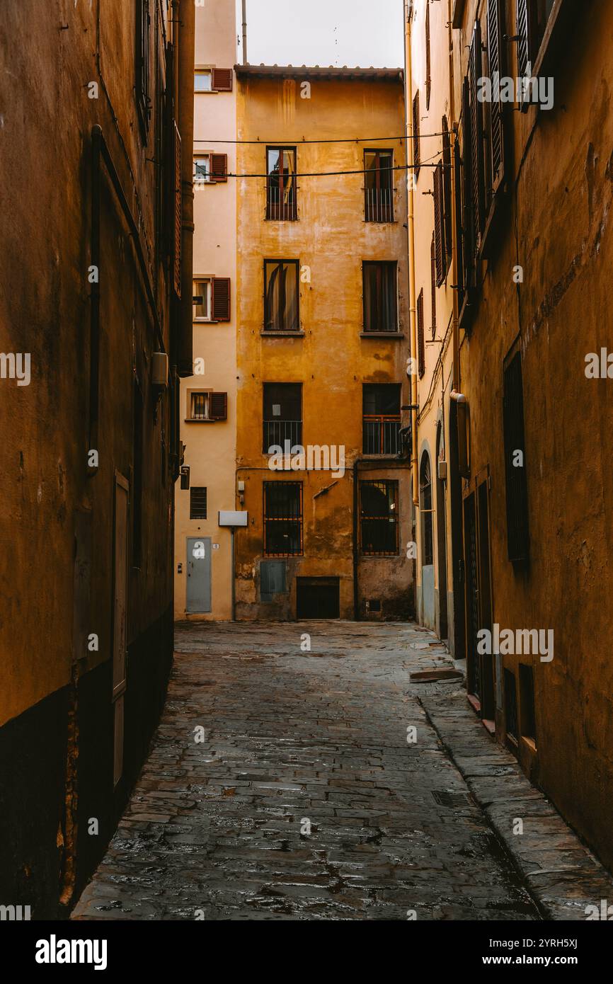Ruelle pavée menant à des bâtiments jaunes avec fenêtres et balcons à florence, en italie, mettant en valeur l'architecture charmante de la ville Banque D'Images