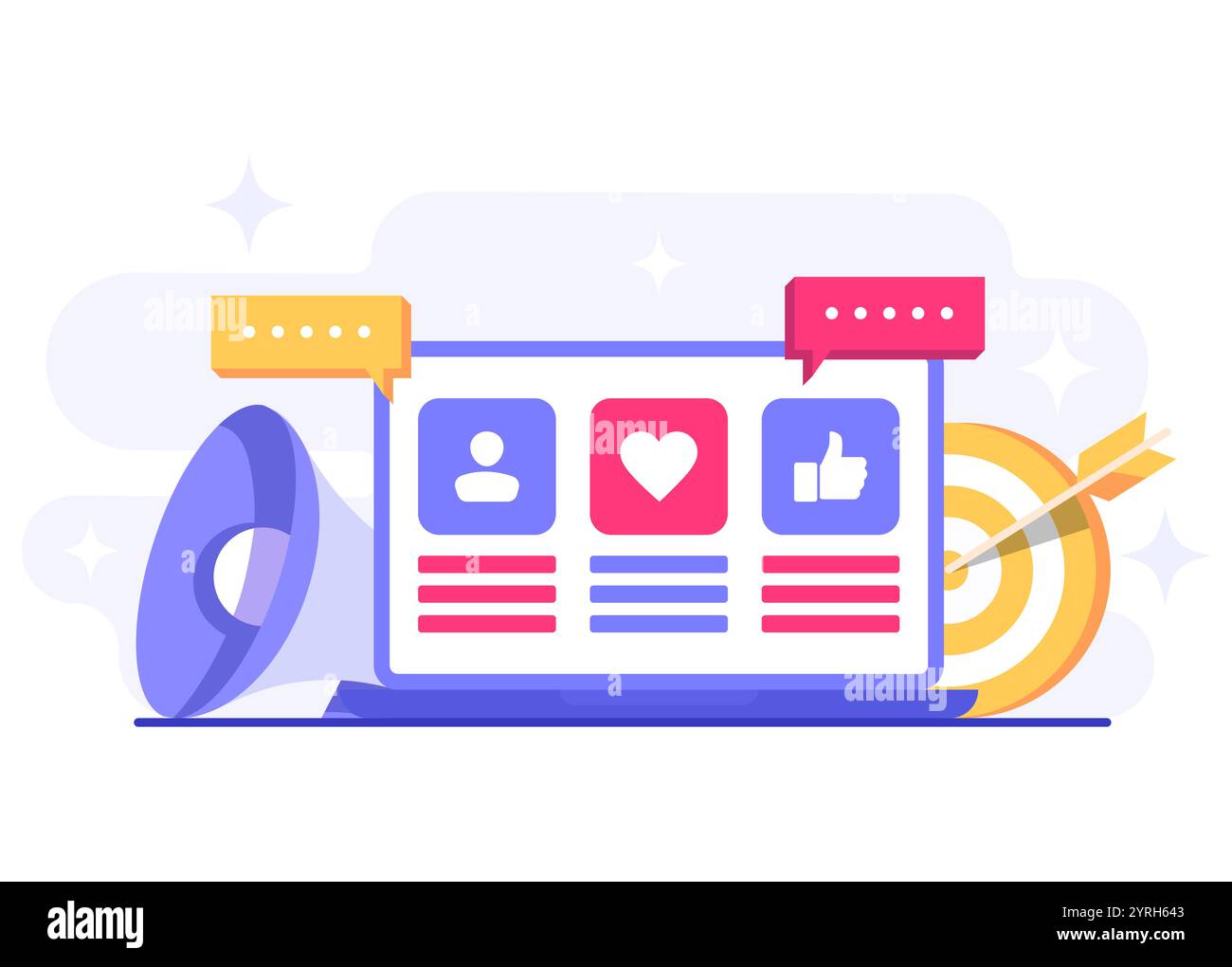 Illustration vectorielle plate de concept de marketing de médias sociaux pour la page de destination, bannière Web, application mobile, bannière, stratégie de contenu d'entreprise, web desig Illustration de Vecteur