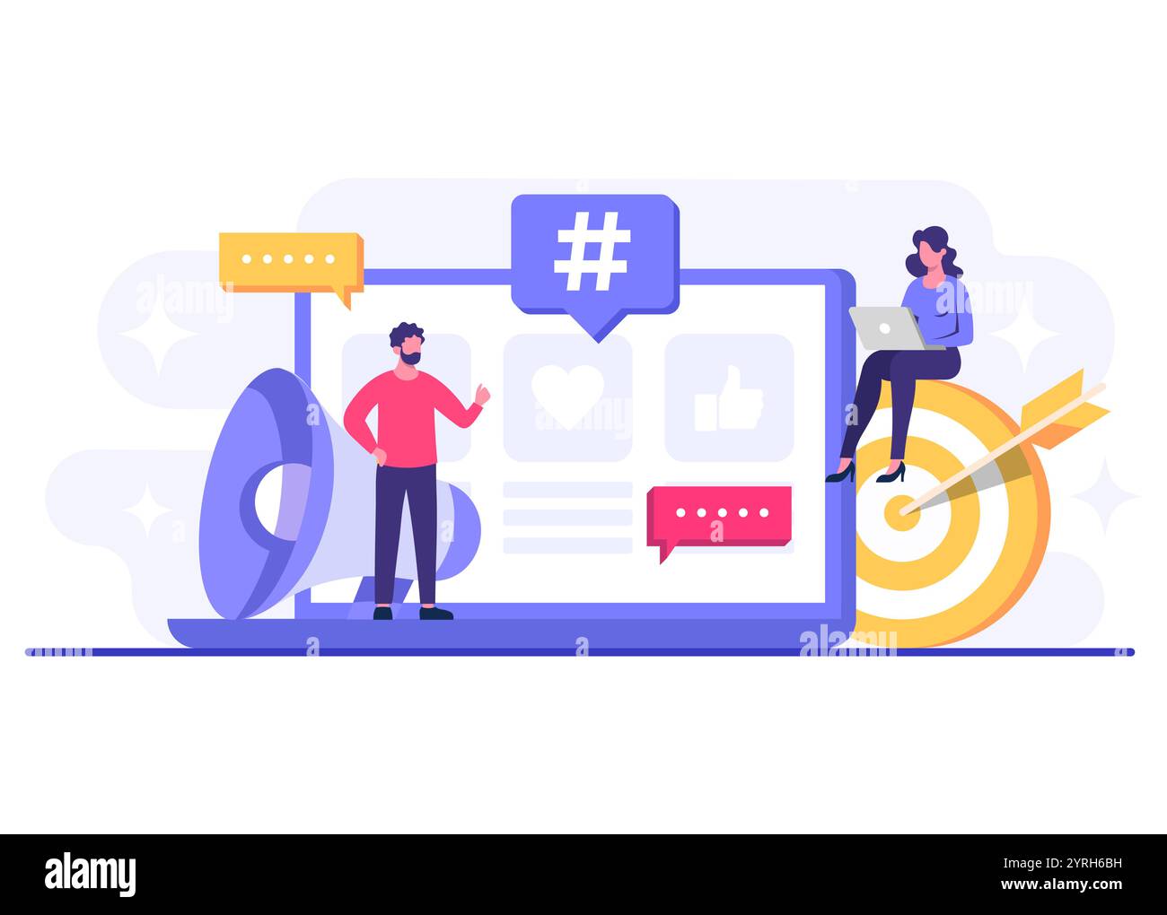 Illustration vectorielle plate de concept de marketing de médias sociaux pour la page de destination, bannière Web, application mobile, bannière, stratégie de contenu d'entreprise, web desig Illustration de Vecteur